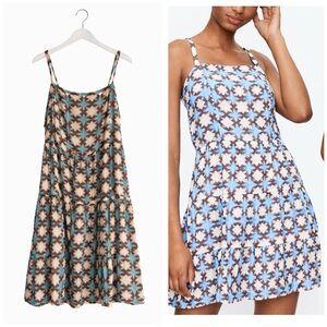 LOFT Women’s Tiered Smocked Abstract Spaghetti Strap Dress Teal Brown Print 14